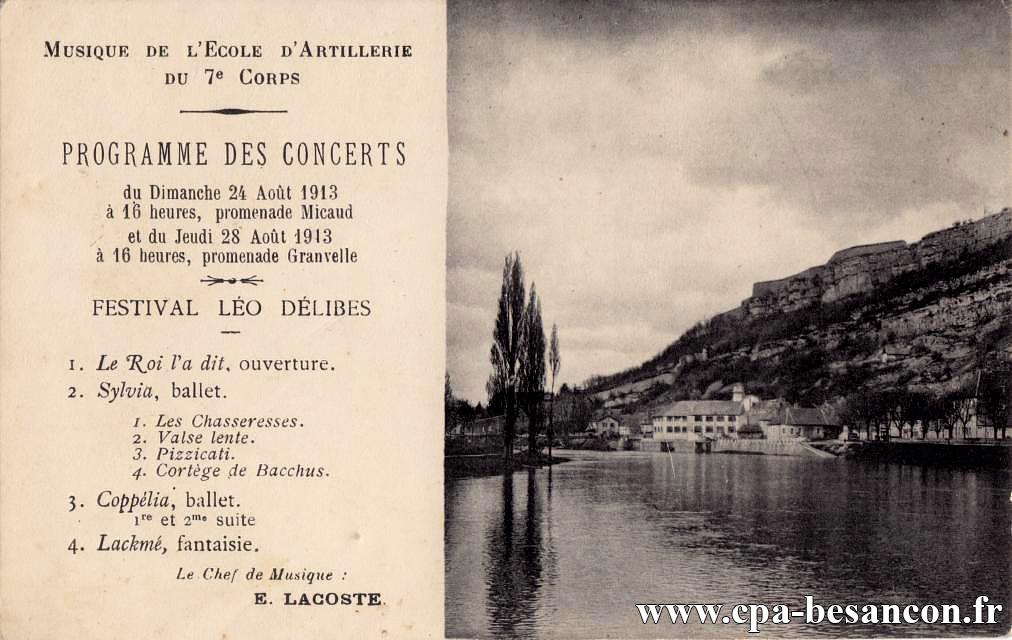 Musique de l’École d'Artillerie du 7e Corps - Besançon - Tarragnoz - Programme des Concerts du Dimanche 24 Août 1913 à 16 heures, promenade Micaud et du Jeudi 28 Août 1913 à 16 heures, promenade Granvelle